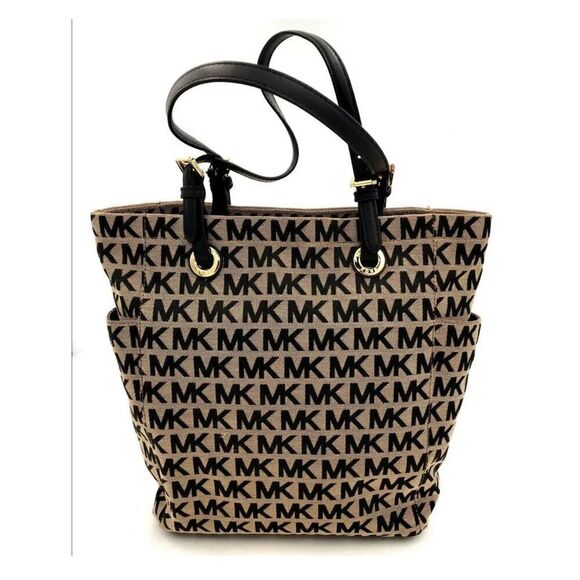 Michael Kors Jet Set Large Tote Bag Tan/Black Monogram Jacquard Leather - Picture 1 of 8